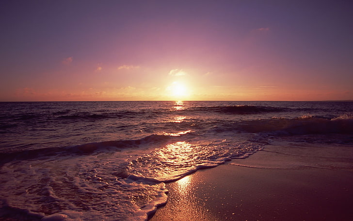 ชายหาดธรรมชาติทิวทัศน์คลื่นทะเลพระอาทิตย์ตกน้ำ, วอลล์เปเปอร์ HD