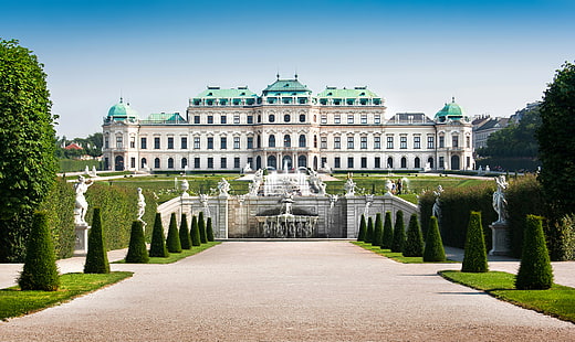 trees, design, lawn, Austria, the bushes, fountains, Palace, sculpture, Vienna, HD wallpaper HD wallpaper