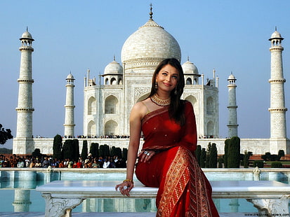 Vackra Aishwarya Rai och Taj Mahal HD, kvinnors röda och bruna saree, vackra, kändisar, och, aishwarya, rai, mahal, taj, HD tapet HD wallpaper