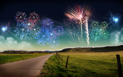 4k, fuochi d'artificio, paesaggio, natura, anno nuovo, ultrahd, Sfondo HD HD wallpaper