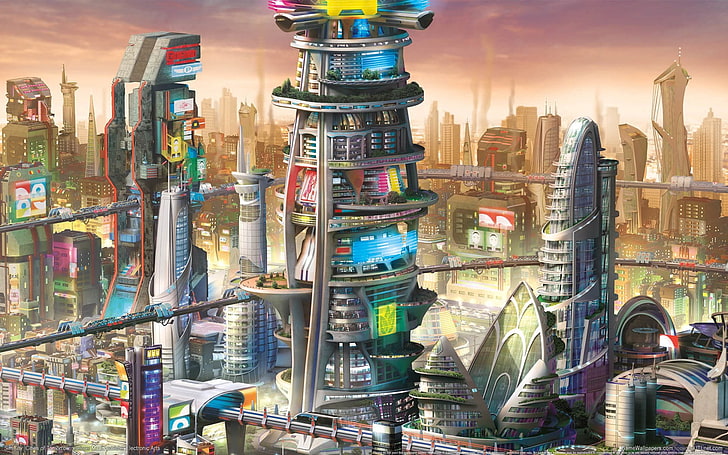 иллюстрация башни серая, желтая, розовая и голубая, города будущего simcity, simcity, симулятор, город, здание, HD обои