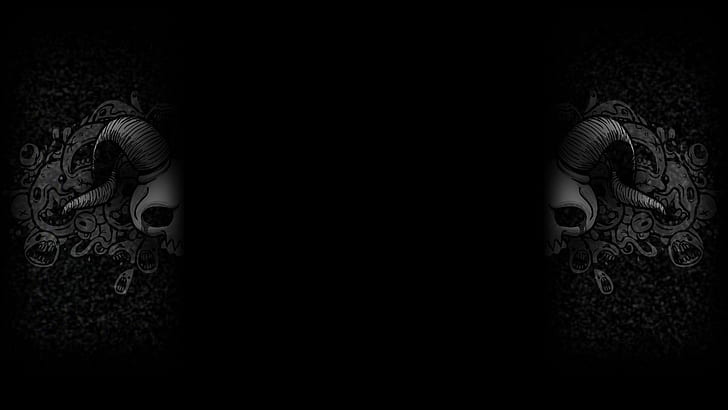 black background, simple, minimalism, digital art, skull, horns, artwork, spooky, dark, monochrome, split view, The Binding of Isaac, HD wallpaper
