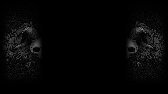 fundo preto, simples, minimalismo, arte digital, crânio, chifres, trabalho artístico, assustador, escuro, monocromático, vista dividida, The Binding of Isaac, HD papel de parede HD wallpaper