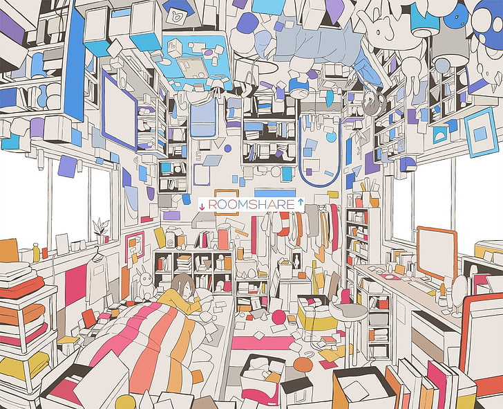 upside down, room, bed, anime girls, HD wallpaper