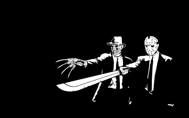 Pulp Fiction Black BW Freddy Krueger Jason Machete Halloween HD, Jason i Freddy w garniturze ilustracja, czarny, filmy, mc, halloween, fikcja, miazga, jason, maczeta, freddy, krueger, Tapety HD