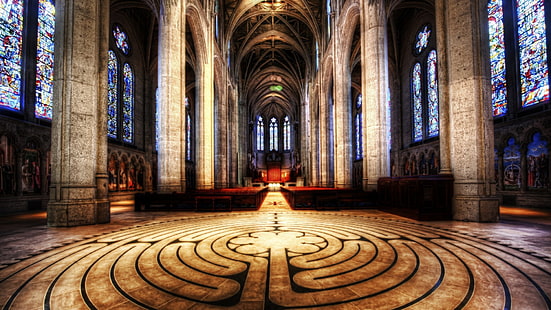 Interior de la catedral, HDR, interior, iglesia, vidrieras, patrón, Chartres, Francia, Fondo de pantalla HD HD wallpaper