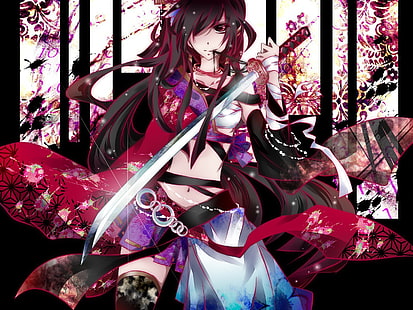 wanita memegang wallpaper katana, kimono, pedang, anime, Vocaloid, yukata, anime girls, Wallpaper HD HD wallpaper