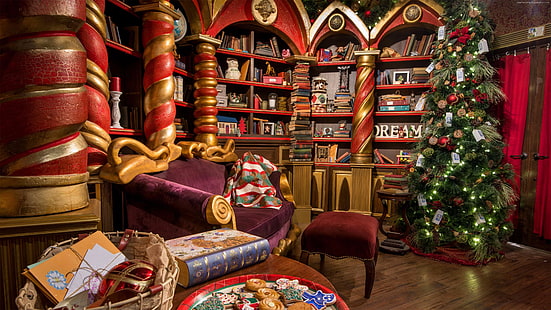Коледна украса, Коледа, интериорен дизайн, дом, декор, хол, празник, коледно дърво, северния полюс, Дядо Коледа, къща, HD тапет HD wallpaper