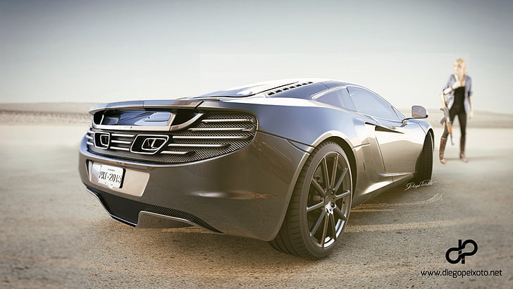 coupé nera, McLaren MC4-12C, deserto, paesaggio, auto, bionda, Sfondo HD