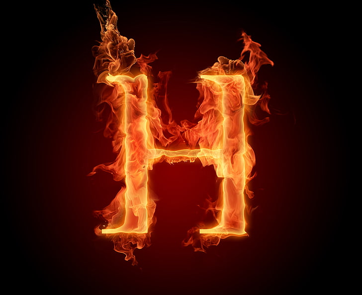 красный и желтый логотип H, огонь, пламя, буква, алфавит, HD обои