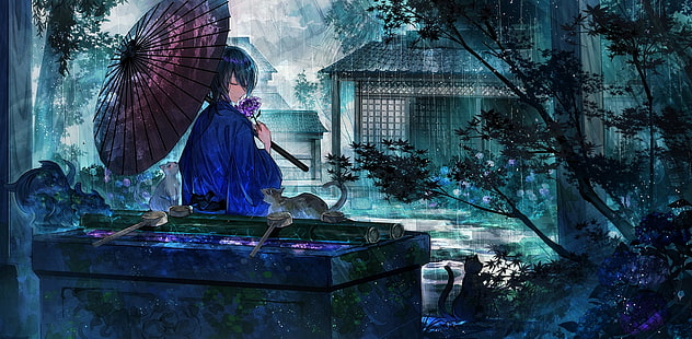 anime, katter, blommor, japanska kläder, regn, löv, hane, vatten, paraply, svart hår, träd, sittande, HD tapet HD wallpaper