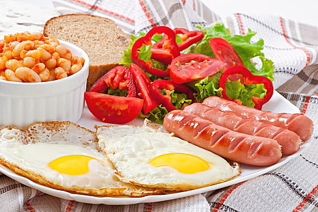 Nourriture, petit déjeuner, oeuf, salade, saucisse, tomate, Fond d'écran HD HD wallpaper