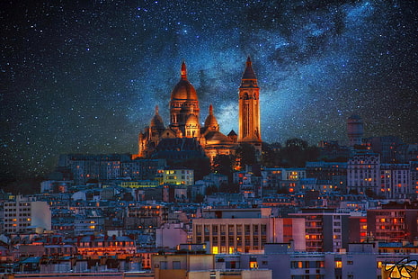 fondo de pantalla digital de la mezquita, estrellas, noche, luces, Francia, París, la vía láctea, Montmartre, Fondo de pantalla HD HD wallpaper