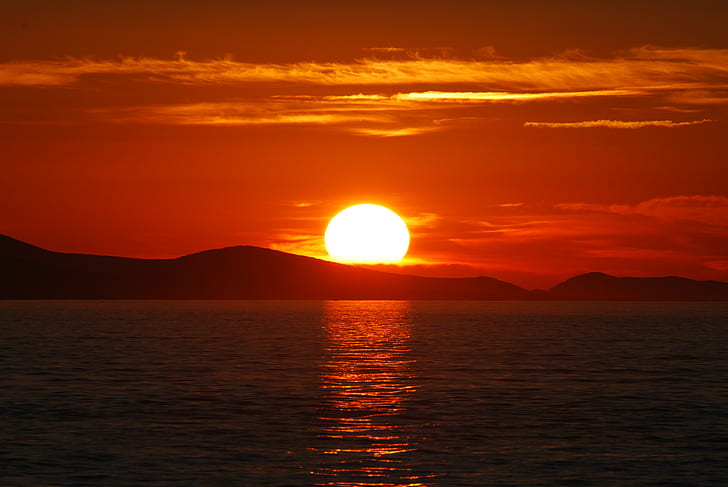 puesta de sol, paisaje, cielo anaranjado, skyscape, sol, reflejo, Fondo de pantalla HD