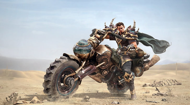 game character wearing cape and riding motorcycle, artwork, men, futuristic, vehicle, HD wallpaper