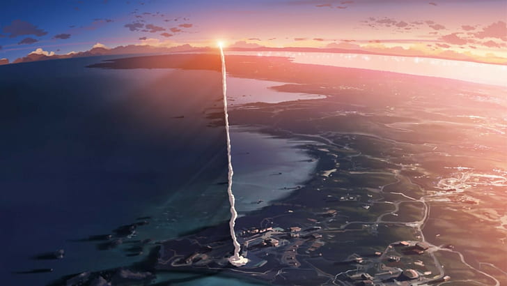 صواريخ الدخان غروب الشمس اليابان أنيمي 5 سنتيمترات في الثانية أفلام screengrab makoto shinkai contils، خلفية HD