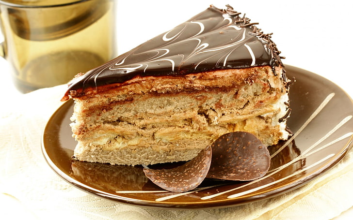 sliced chocolate cake, cake, slice, chocolate, frosting, cream, dessert, sweet, plate, HD wallpaper