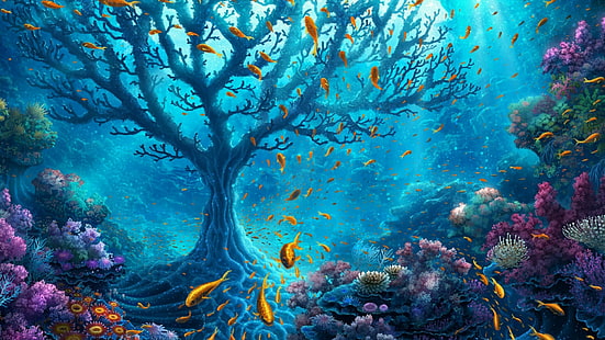fish, underwater, tree, fishes, coral reef, fantasy art, ocean, coral, reef, illustration, water, art, HD wallpaper HD wallpaper