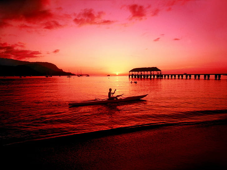 Hanalei Kayaker Hawaii HD ، صورة ظلية للقارب ، العالم ، السفر ، السفر والعالم ، هاواي ، كاياكر ، هانالي، خلفية HD