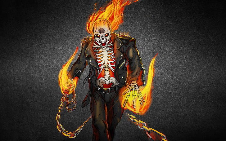 Illustration de Ghost Rider, le fond sombre, le feu, la flamme, le crâne, le squelette, le cavalier Ghost, Fond d'écran HD