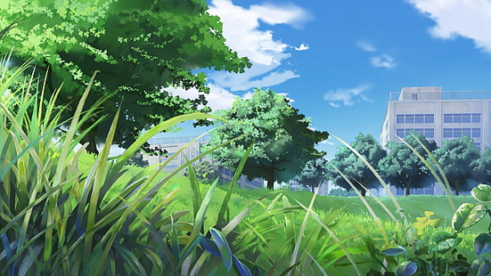 krajobraz anime, szkoła, pole, trawa, drzewa, niebo, chmury, Anime, Tapety HD HD wallpaper