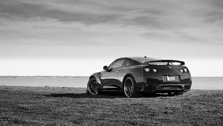 foto en escala de grises de coupé, GTR, Nissan, blanco, negro, Fondo de pantalla HD