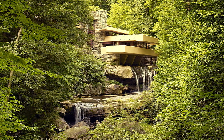 beige 3-storey house and green trees, river, architecture, Frank Lloyd Wright, waterfall, house, building, water, trees, plants, Falling Water, HD wallpaper