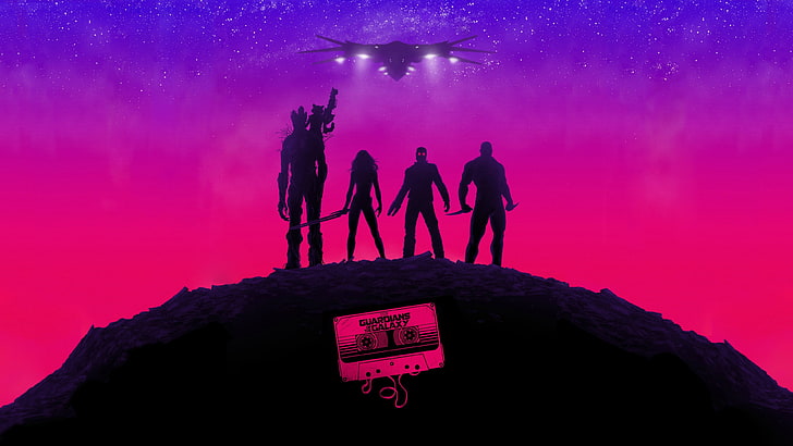 صورة ظلية لخلفية أربعة أشخاص ، صورة ظلية لأربعة أشخاص يقفون على الجبل أثناء الليل ، حراس المجرة ، كاريكاتير مارفيل ، ستار لورد ، رسم ، أفلام، خلفية HD