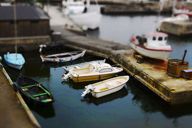blue, boats, calm, calm waters, defocused, docking, engine, equipment, fishing, fishing boat, harbor, industry, motor vehicles, motorboats, sailing, saturated, sauna, sea, shipping, small, tilt shift, toy, transportat, HD wallpaper