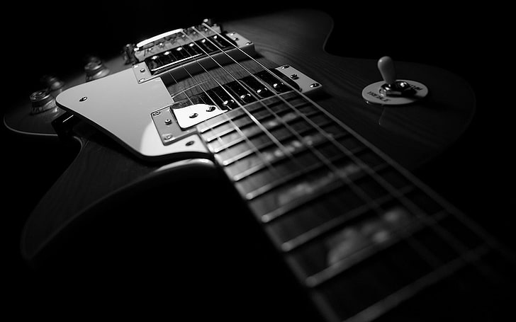 фотографии в оттенках серого с электрической гитарой, фотографии с оттенками серого на гитаре, гитара, монохромный, темный, Les Paul, музыкальный инструмент, музыка, HD обои
