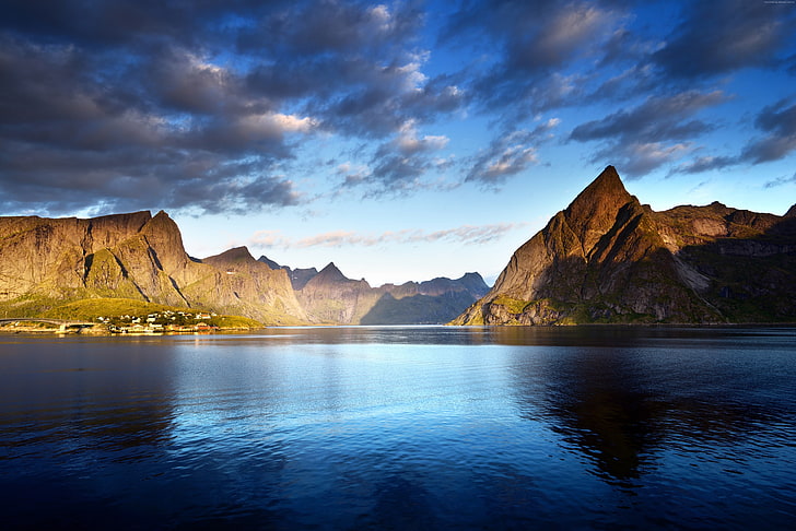 nubes, islas Lofoten, 5K, mar, montañas, Europa, Noruega, Fondo de pantalla HD