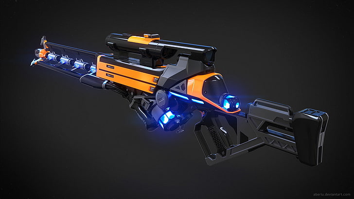 оранжева и черна пушка илюстрация, CGI, пистолет, футуристичен, HD тапет