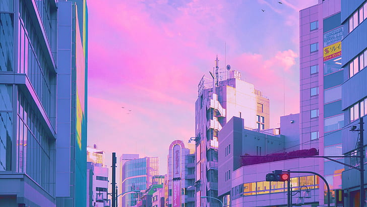 rosa, paisagem urbana, linha do horizonte, nuvens, construção, semáforos, japão, ásia, urbano, HD papel de parede