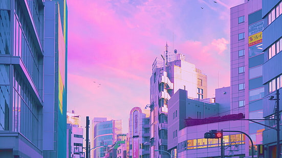 สีชมพู, ทิวทัศน์, เส้นขอบฟ้า, เมฆ, อาคาร, สัญญาณไฟจราจร, ญี่ปุ่น, เอเชีย, ในเมือง, วอลล์เปเปอร์ HD HD wallpaper