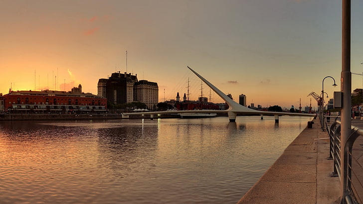 architektura, Argentyna, most, Buenos Aires, budynek, miasto, pejzaż, dźwigi (maszyna), ogrodzenie, rzeka, liny, statek, zachód słońca, Tapety HD