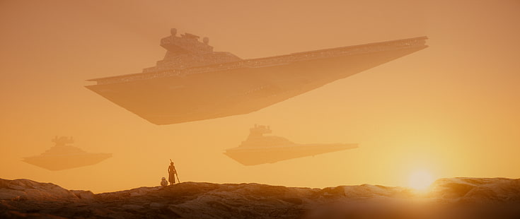 4K, Star Wars, BB-8 Droid, Sunset, Star Destroyer, Rey, Sfondo HD HD wallpaper