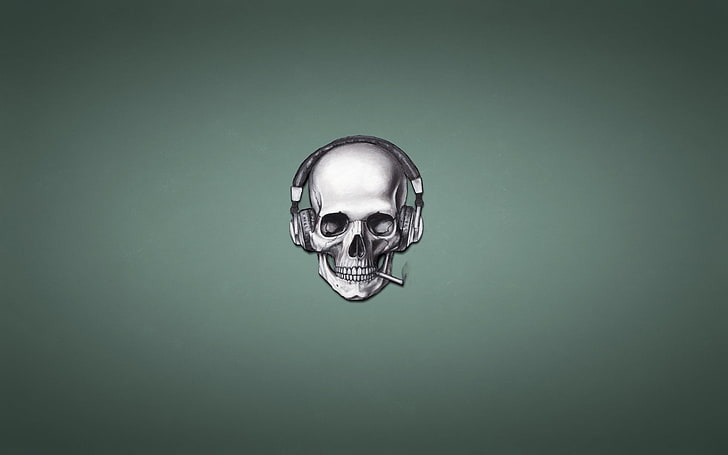 иллюстрация серого черепа, дым, череп, наушники, сигарета, скелет, HD обои