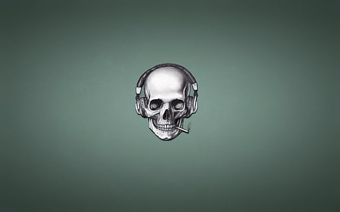 灰色の頭蓋骨の図、煙、頭蓋骨、ヘッドフォン、タバコ、スケルトン、 HDデスクトップの壁紙 HD wallpaper