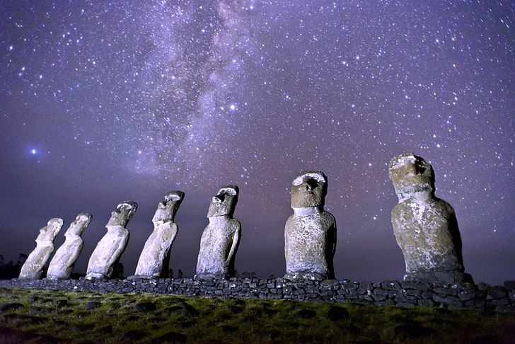 Moai statues, stars, night, the milky way, Magellanic clouds, Ostrov Easter, Rapa Nui, the Moai statues, The Ancients, HD wallpaper