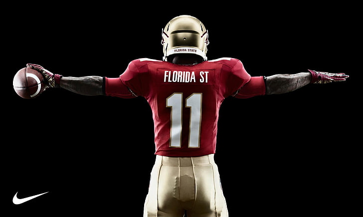 camisa de jersey de fútbol Florida St roja y blanca, la pelota, casco, uniforme, Nike, fútbol americano, NCAA, atleta, fútbol universitario, estado de Florida, Fondo de pantalla HD