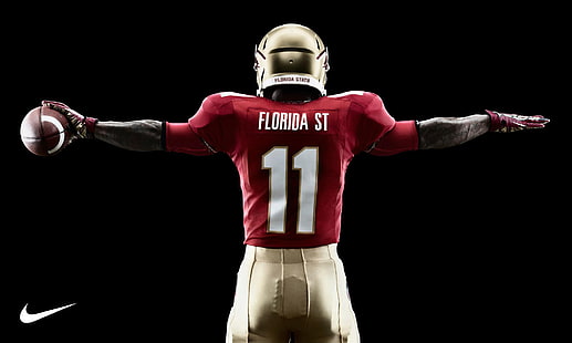 красно-белая футболка Florida St футболка, мяч, шлем, униформа, Nike, американский футбол, NCAA, спортсмен, футболист колледжа, штат Флорида, HD обои HD wallpaper