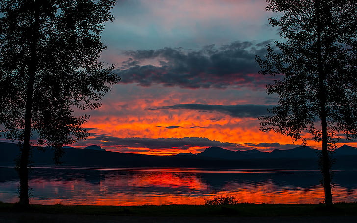 Dusk landscape, lake, trees, mountains, sunset, twilight, Dusk, Landscape, Lake, Trees, Mountains, Sunset, Twilight, HD wallpaper