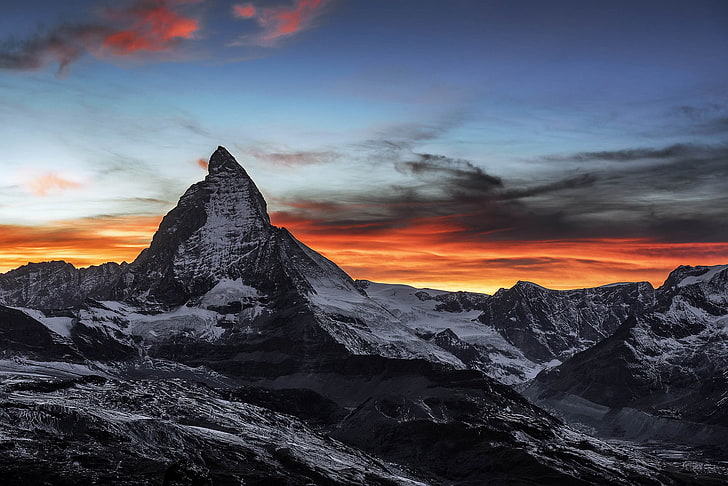 montanhas cobertas de neve, escuro, montanhas, céu, natureza, Suíça, Matterhorn, pôr do sol, HD papel de parede