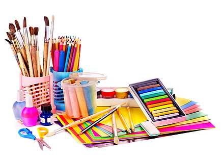 бумага, краски, карандаши, белый фон, цветные карандаши, ножницы, кисточка, ластик, HD обои HD wallpaper