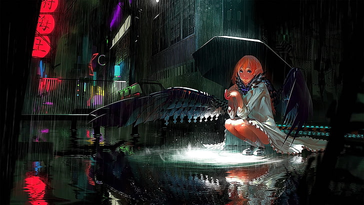 アニメ、アニメの女の子、オリジナルキャラクター、雨、先のとがった耳、傘、赤毛、翼、座って、笑顔、都市、 HDデスクトップの壁紙