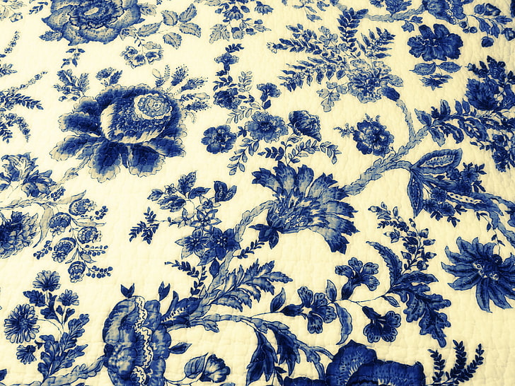 branco e azul floral têxtil, textura, papel de parede, padrões, HD papel de parede