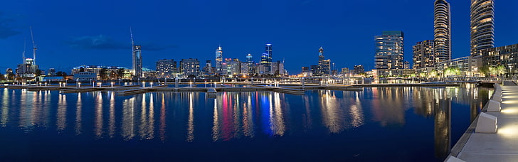 high rise buildings, city, Melbourne, Australia, lights, reflection, multiple display, dual monitors, HD wallpaper