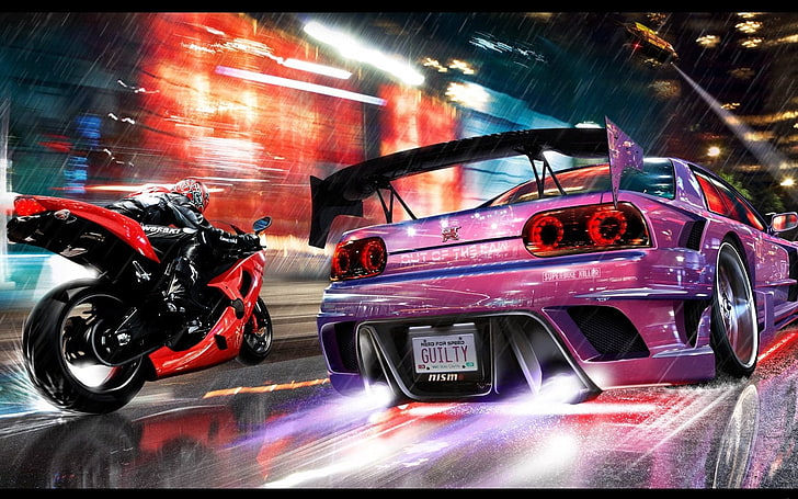 purple sports car, nfs, need for speed, motorcycle, car, nissan gtr, road, speed, sparks, nitro, HD wallpaper