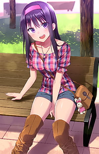 purple-haired female anime character illustration, anime, anime girls, long hair, purple hair, purple eyes, park, shorts, zettai ryouiki, HD wallpaper HD wallpaper