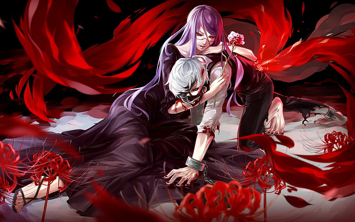 purple haired female anime character, Tokyo Ghoul, Kaneki Ken, Kamishiro Rize, anime, HD wallpaper